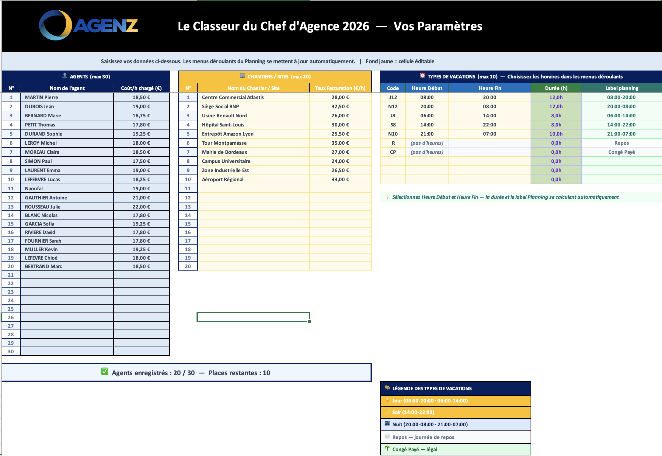 Aperçu du classeur AGENZ v6.1